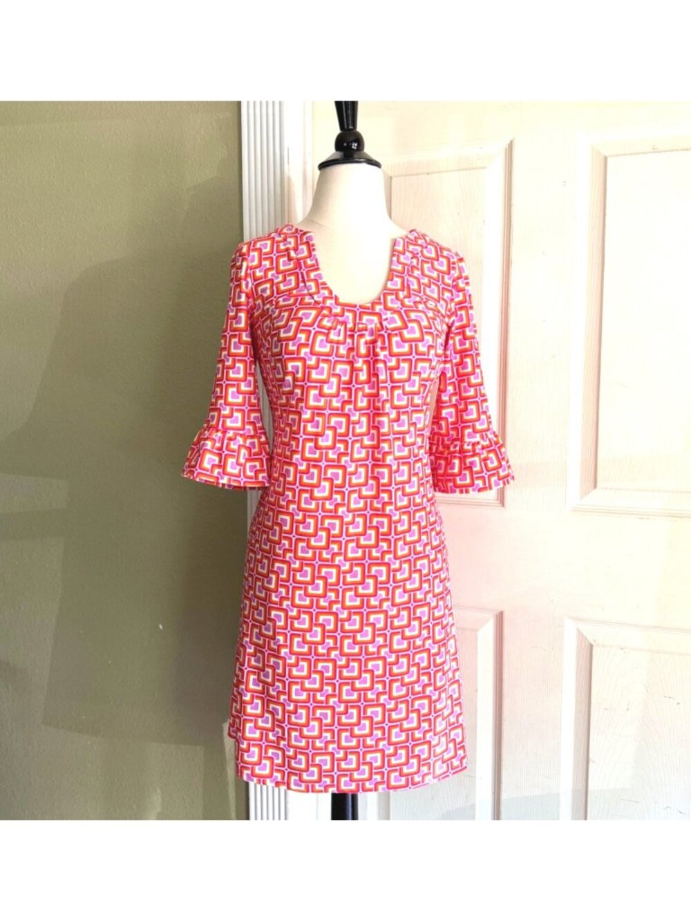 size XS womens Jude Connally dress pink orange geometric shift‎ 3/4 sleeve scoop